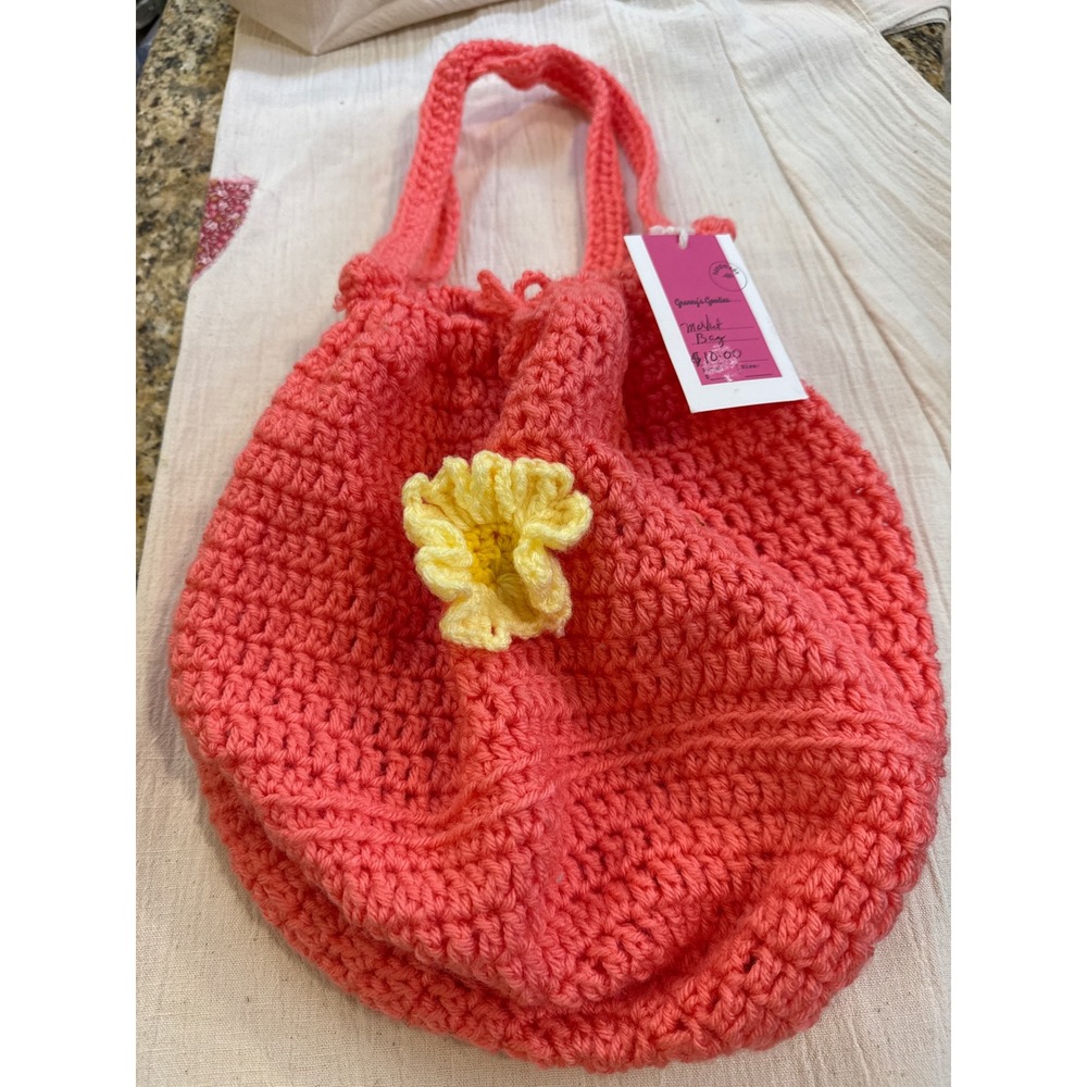 Granny's Goodies Handmade Crochet Market Bag Coral Pink Yellow Flower NWT